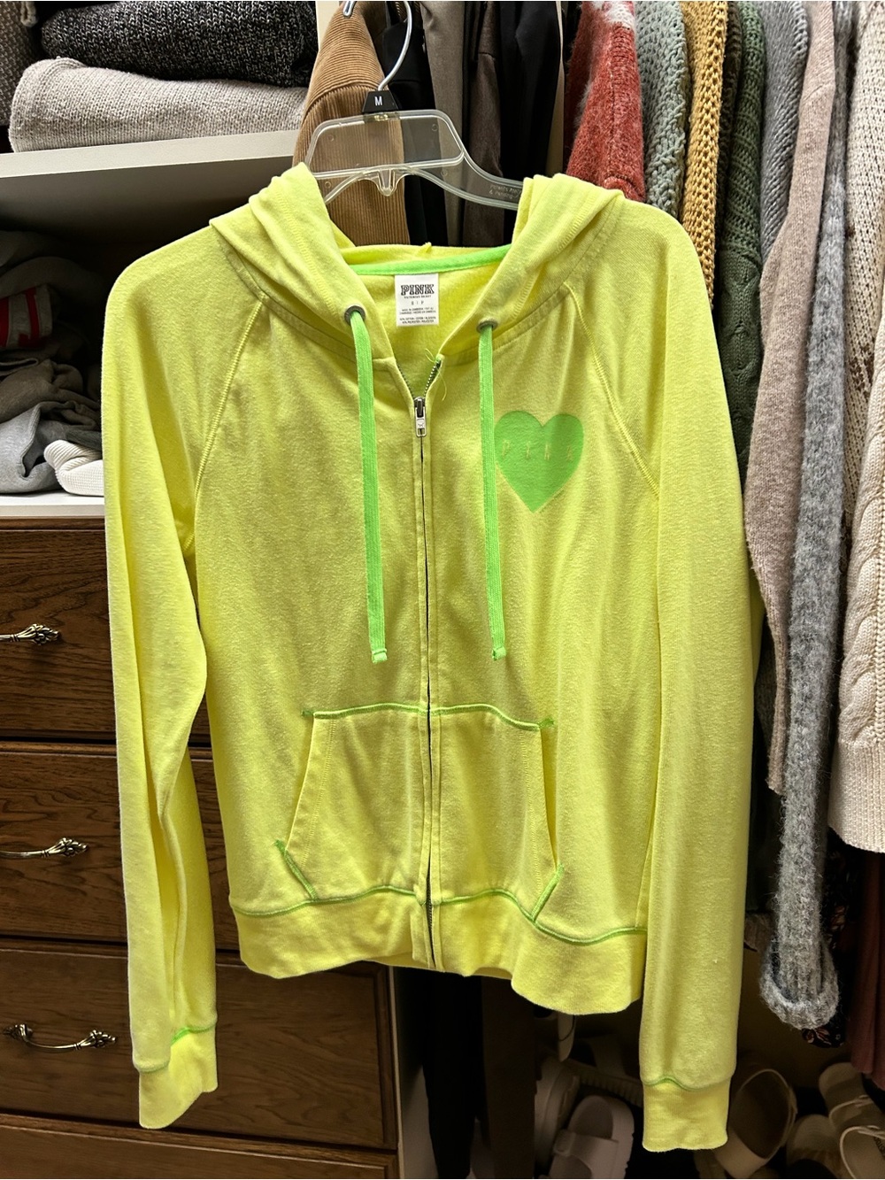 PINK Victoria's Secret Neon Yellow Zip Hoodie with Heart Logo